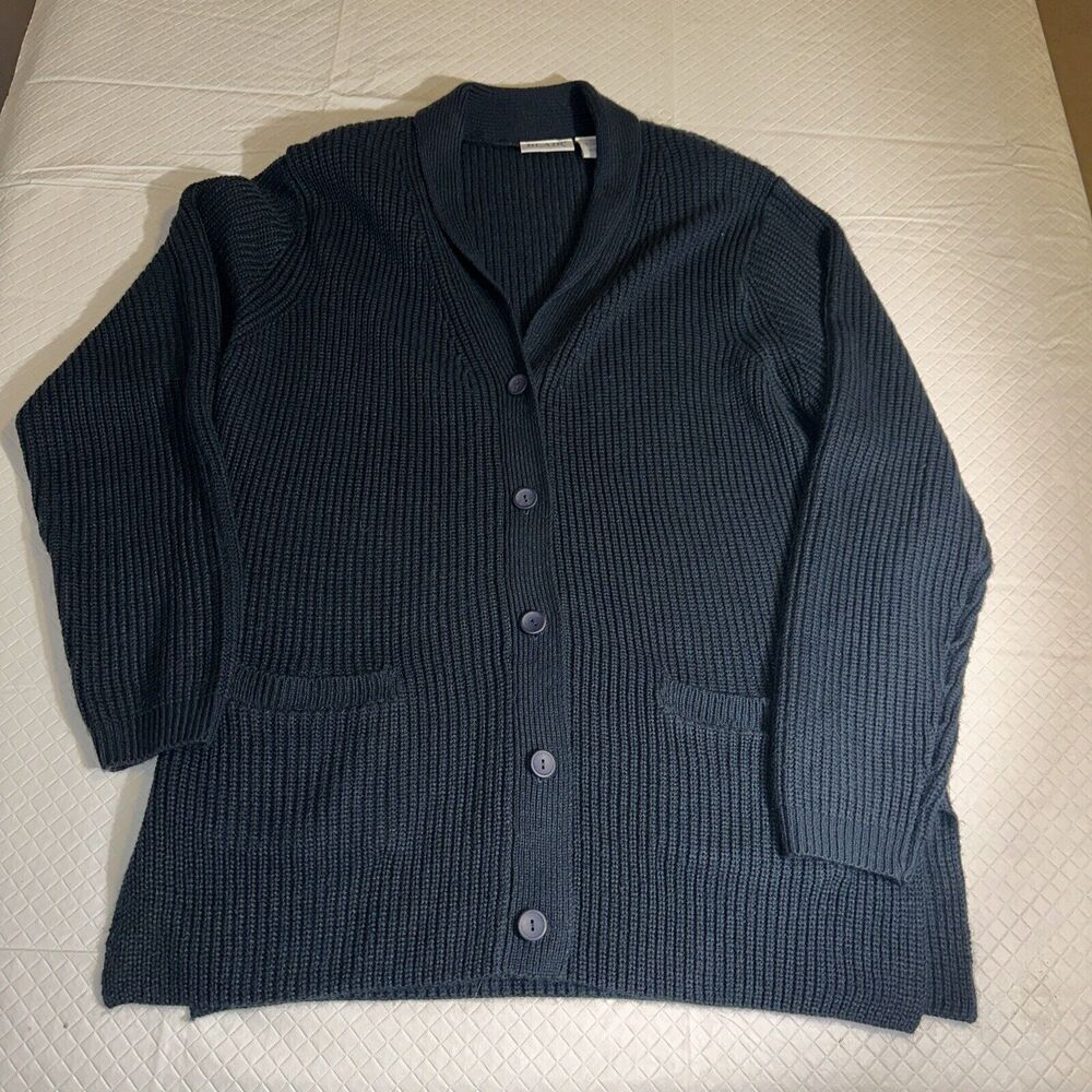 VINTAGE Blair Sweater Knit Cardigan Womens L Blue Navy V-Neck‎ 90s Grandmacore